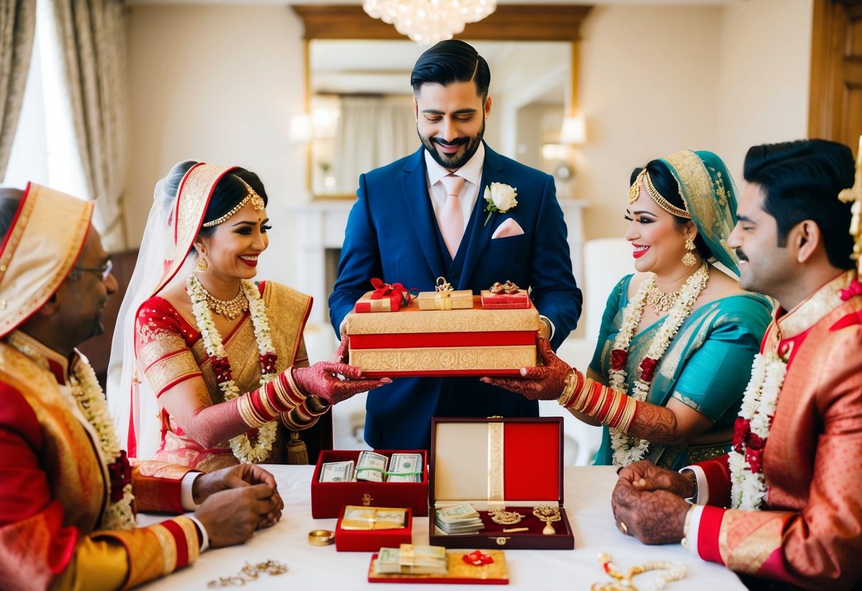 A groom presents traditional gifts to the bride's family, including money, jewelry, and other valuable items as a symbol of his commitment and ability to provide for her