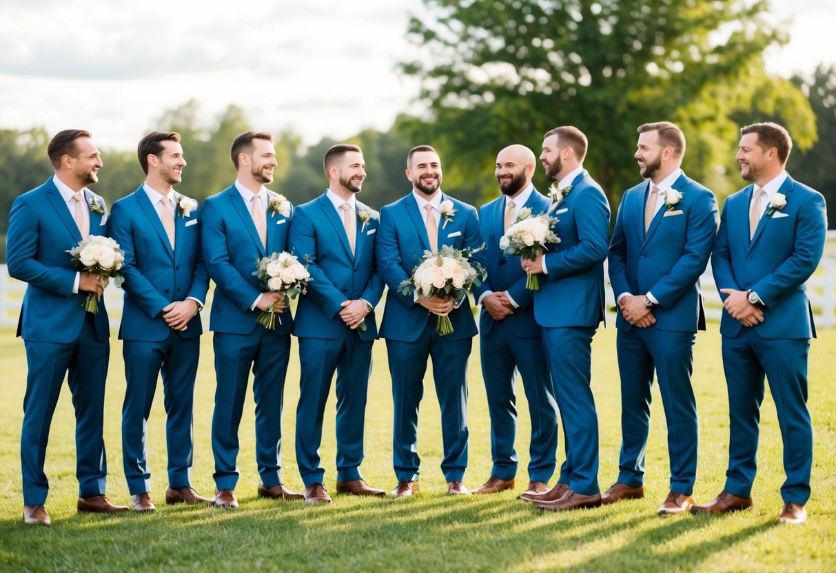 Seven groomsmen standing in a row, each holding a bouquet of flowers and wearing matching suits. They are smiling and chatting with one another, creating a lively and celebratory atmosphere