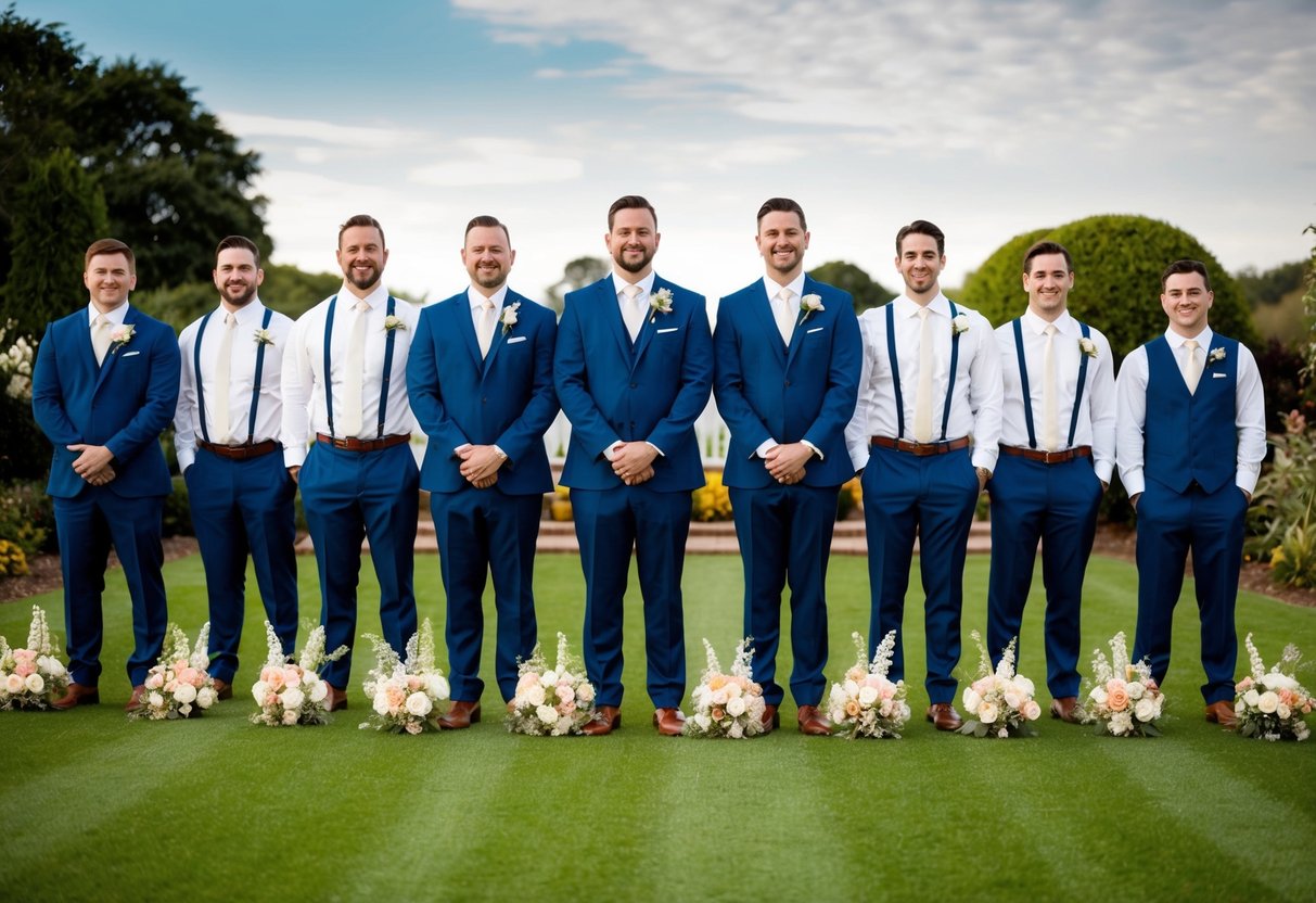 A group of seven groomsmen standing in a line, each with a different height and build, surrounded by various wedding decorations and flowers