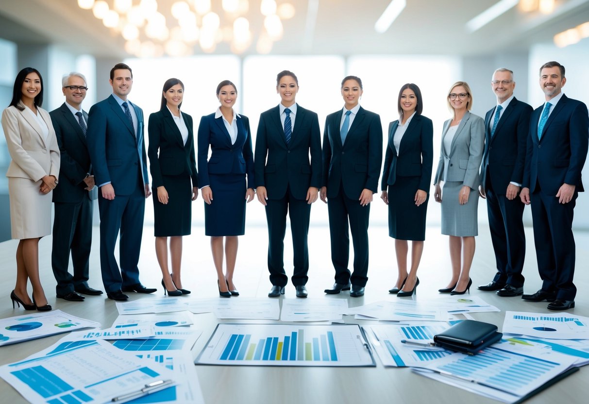A group of eight figures in formal attire stand in a line, surrounded by scattered budget spreadsheets and logistical documents