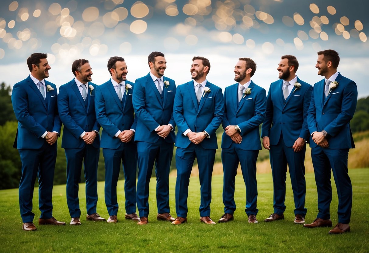 Seven groomsmen standing in a semi-circle, laughing and chatting together, while holding their suits and ties