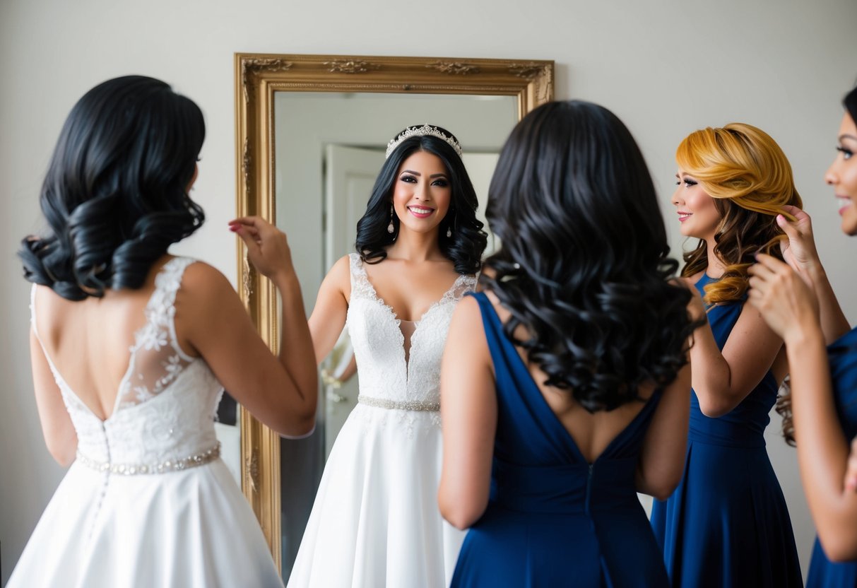A bride standing in front of a mirror, wearing a white wedding dress and trying on different wigs with various hair colors