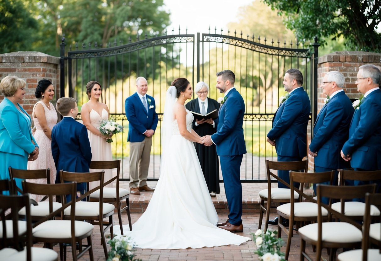 A bride and groom standing at an altar, surrounded by empty chairs, with family members looking in from outside a closed gate