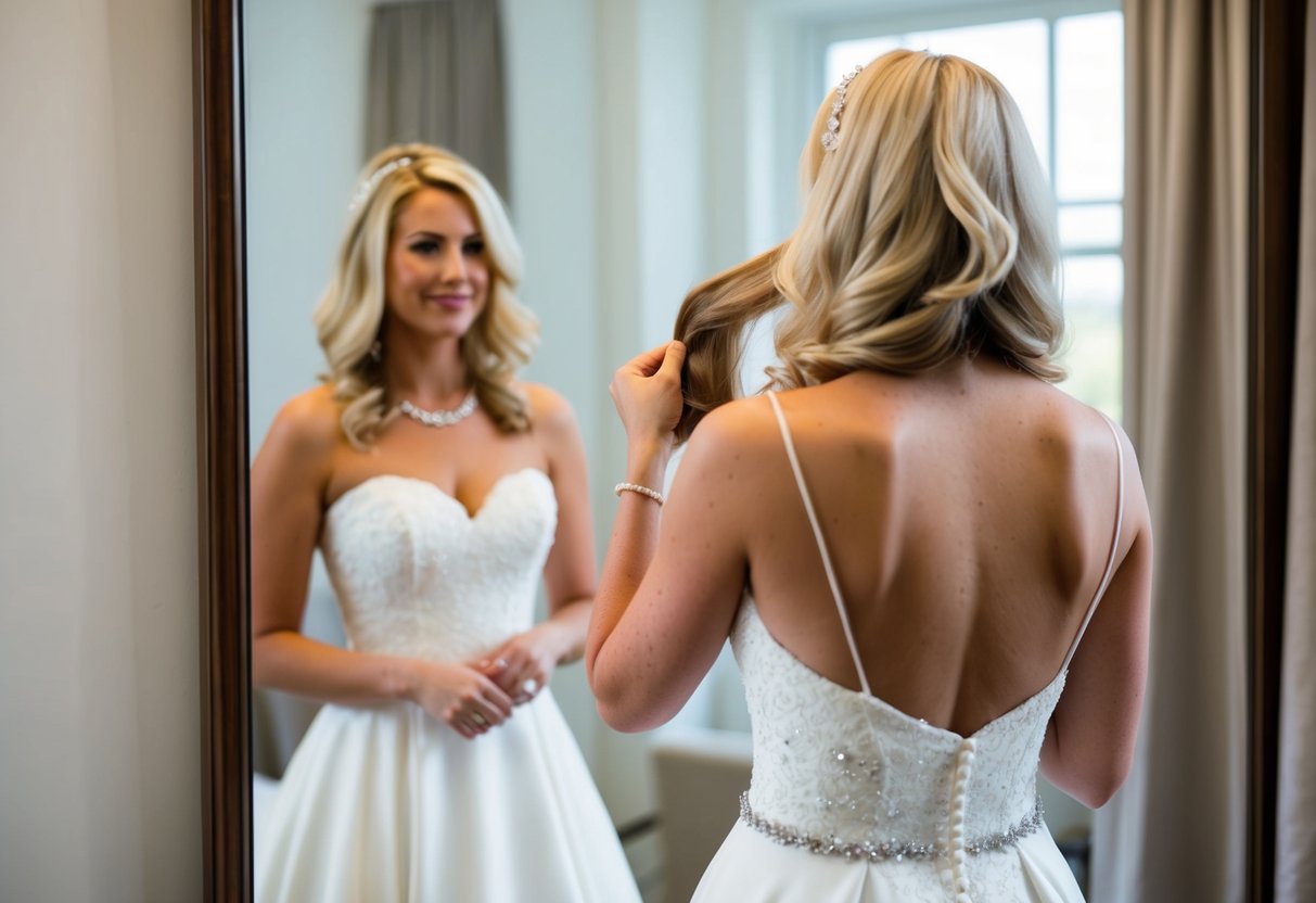 A bride with blonde hair stands in front of a mirror, wearing a white wedding dress. She holds a swatch of fabric up to her hair, examining the color