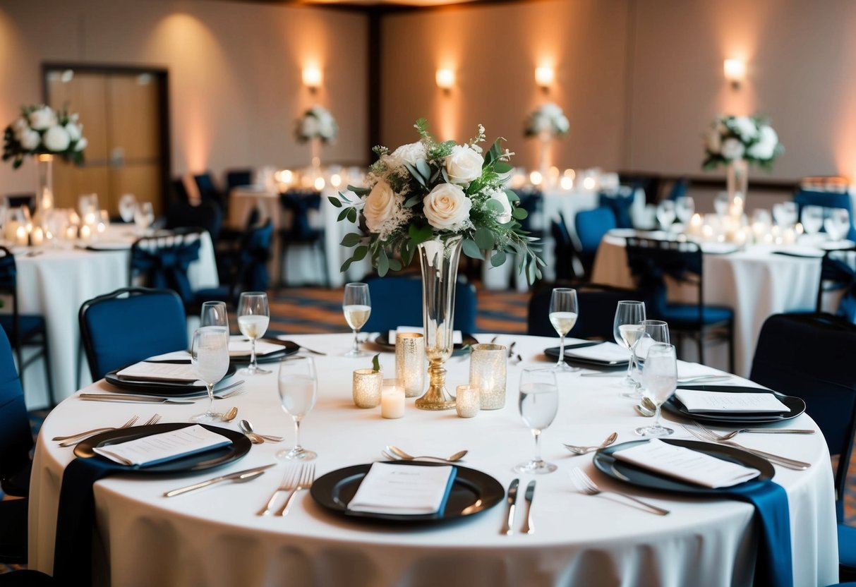 A table set for a wedding reception, with multiple place settings and decorative centerpieces