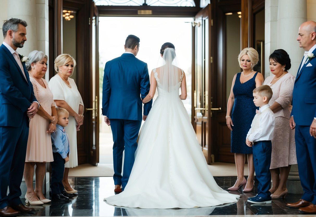A bride and groom standing at the entrance of a grand venue, surrounded by family members looking disappointed and excluded