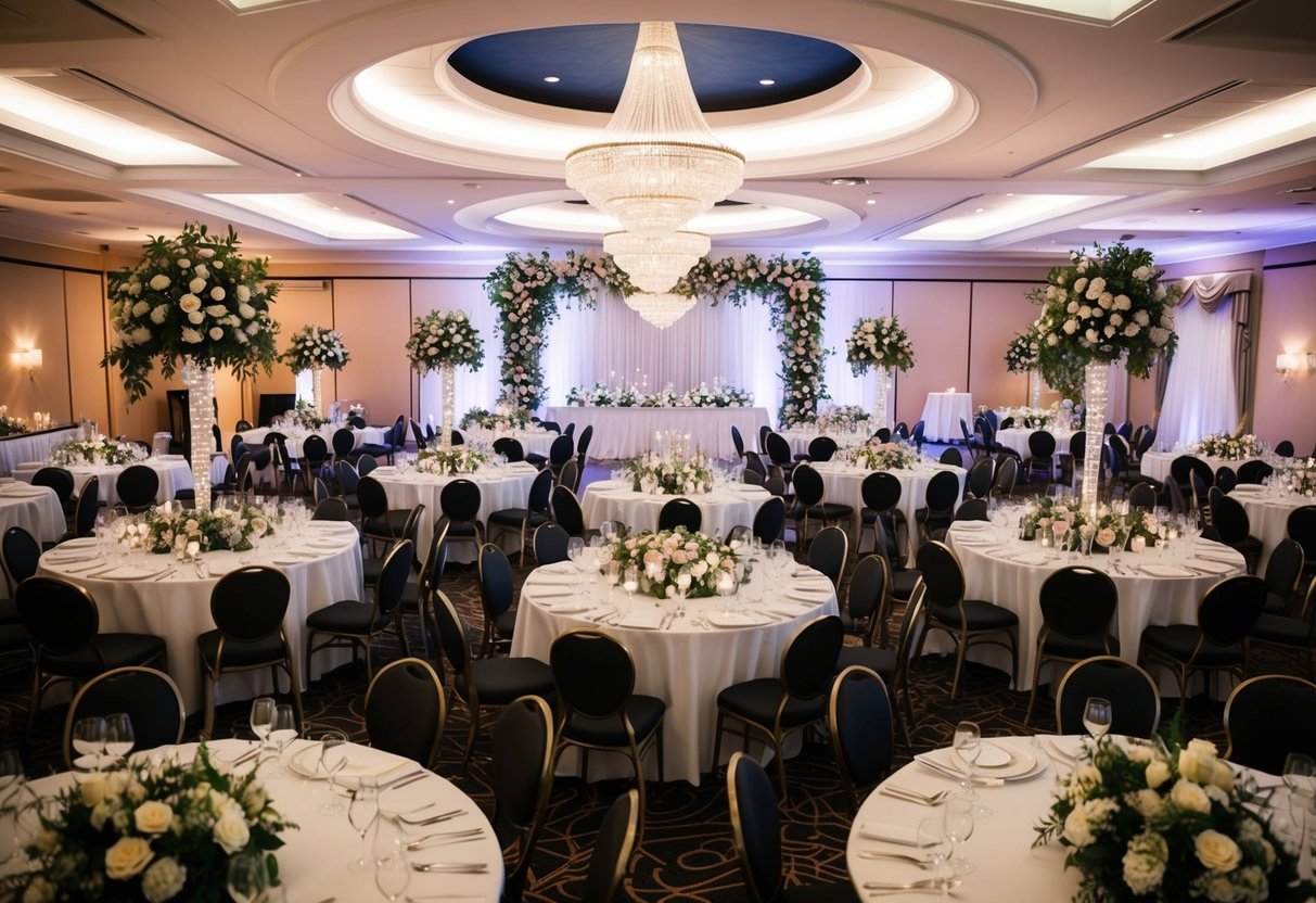 A wedding venue with tables set for a large number of guests, surrounded by decorations and floral arrangements