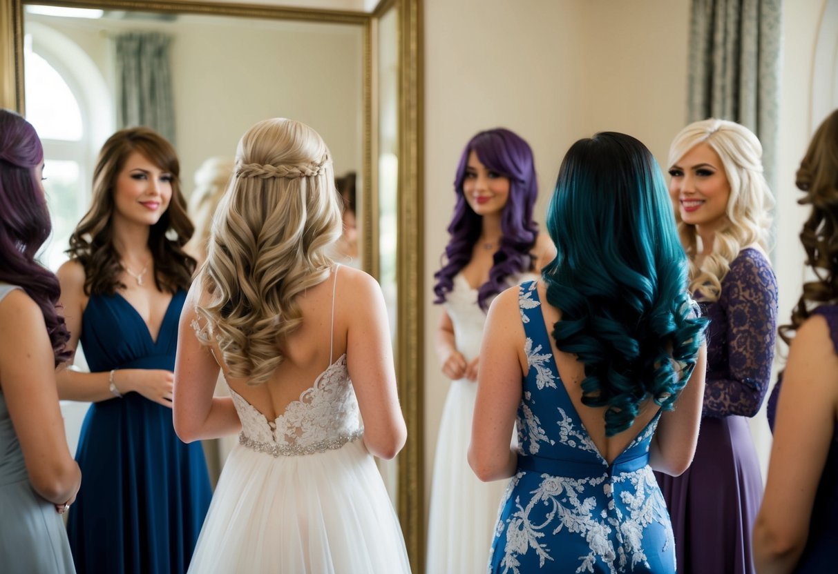 A bride standing in front of a mirror, trying on different wigs in various colors to find the perfect hair color to match her wedding dress