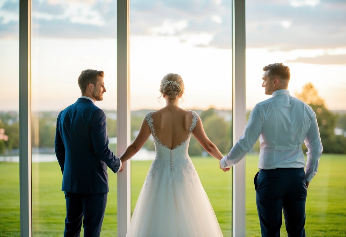 A bride and groom stand between a budget and a family, torn between financial constraints and familial expectations for their wedding