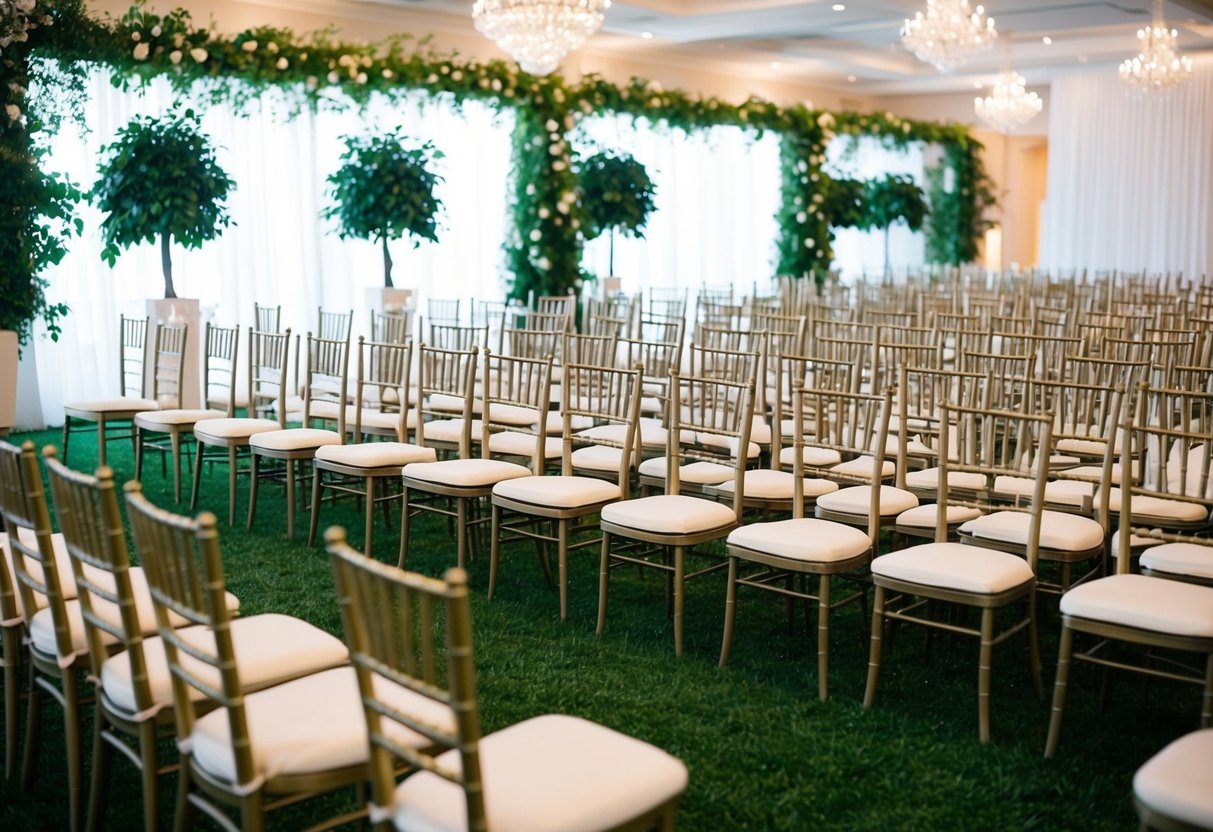 A wedding venue with rows of empty chairs set up for a large gathering, surrounded by lush greenery and elegant decor
