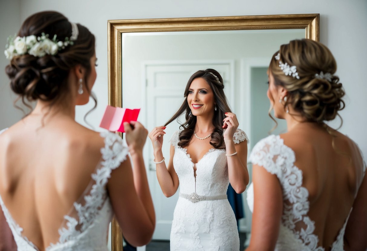 A bride stands in front of a mirror, trying on different wedding dresses and hairstyles. She holds a swatch of fabric to her hair, comparing colors