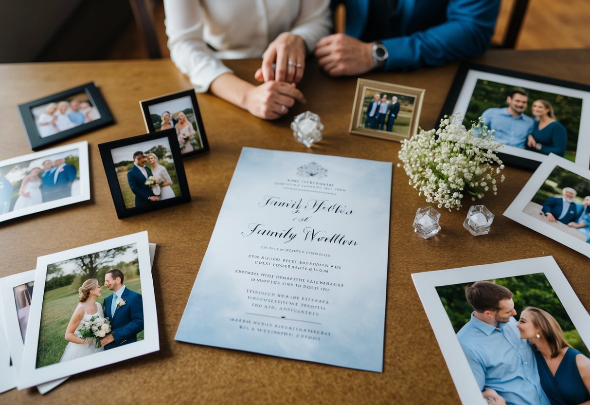 A wedding invitation lying on a table, surrounded by family photos and a thoughtful couple discussing their guest list