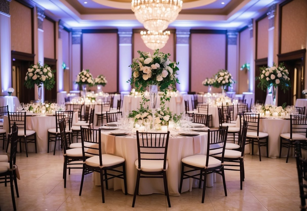 A grand ballroom with elegant tables and chairs set for a wedding reception, surrounded by lush floral centerpieces and soft lighting