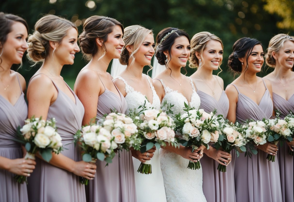 Bridesmaids with various hairstyles, standing in a row