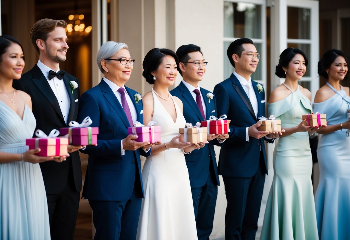 A group of elegantly dressed individuals holding small gifts and standing in line outside a grand venue