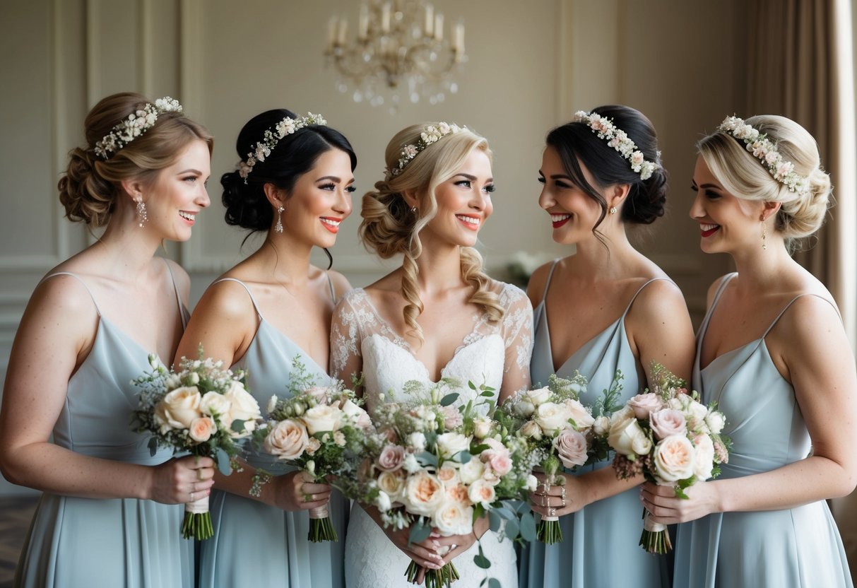 Bridesmaids with elegant updos and soft curls, surrounded by floral hair accessories, in a romantic and timeless setting