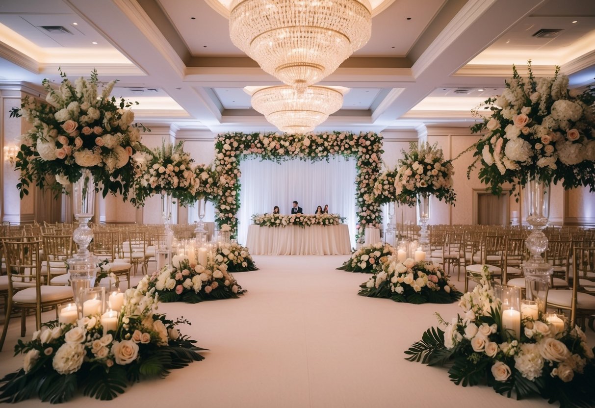 A grand wedding venue with opulent decorations and lavish floral arrangements