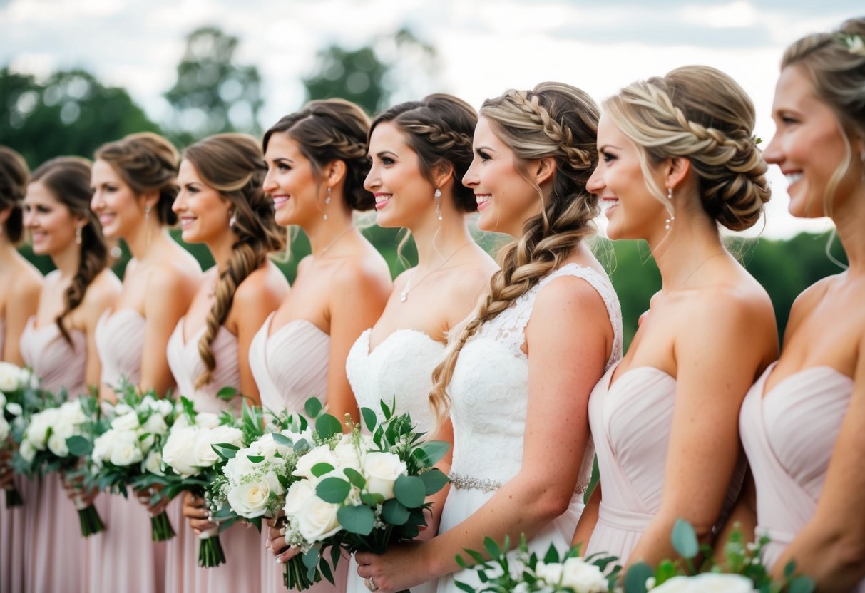 Bridesmaids with varying hair lengths, styled in updos, braids, and waves, standing together in a bridal party lineup