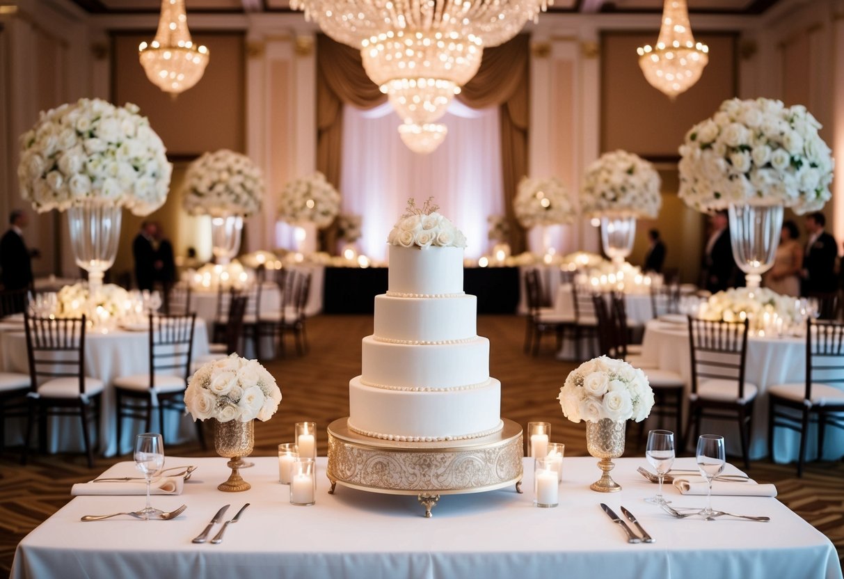 A lavish wedding venue with grand decorations and a large cake