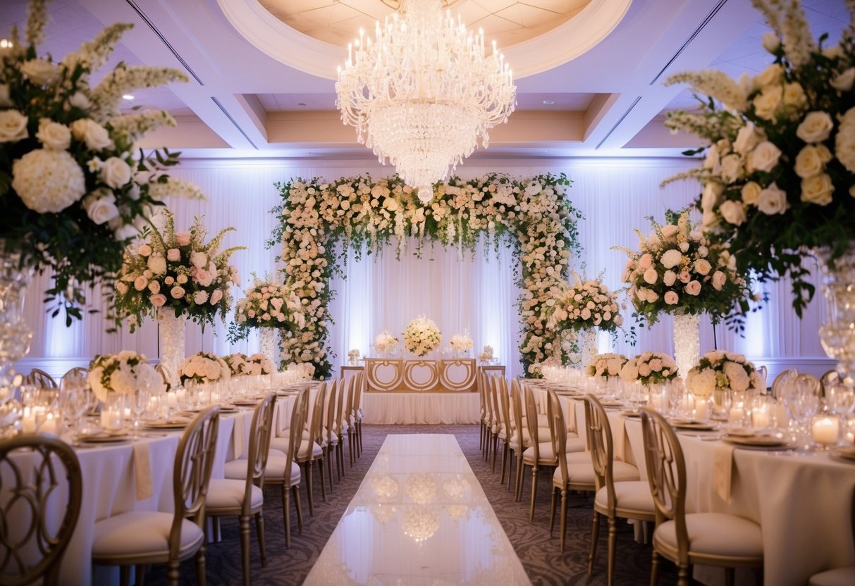 A lavish wedding venue with elegant decor and extravagant floral arrangements