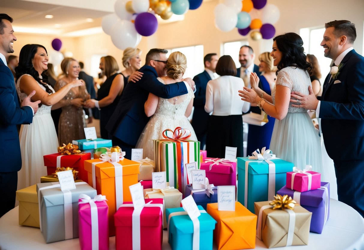 A table adorned with wrapped gifts and thank you cards, surrounded by joyful guests mingling and sharing warm embraces