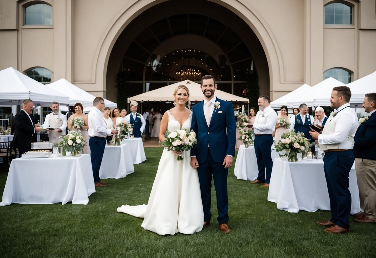 A bride and groom standing in front of a large wedding venue, surrounded by vendors offering various services such as catering, flowers, and photography