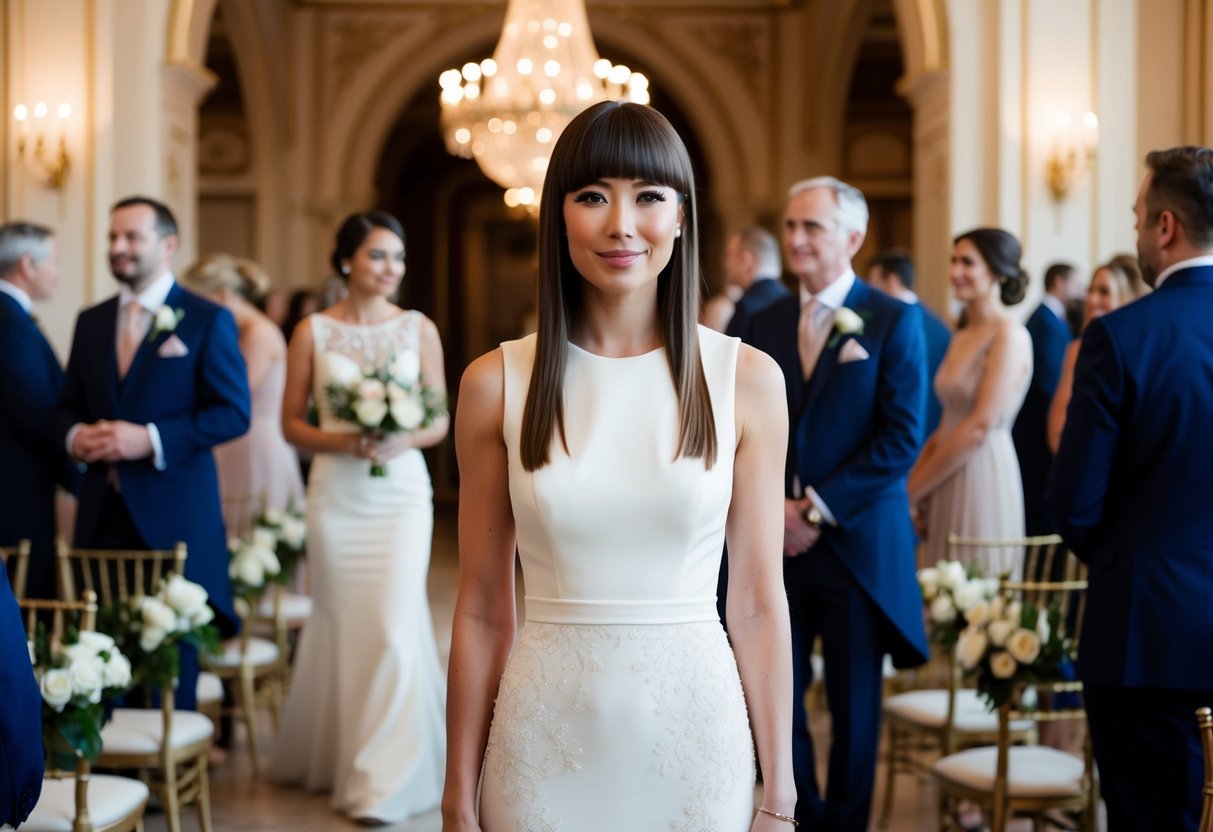 A woman with straight hair stands in a grand, ornate wedding venue, surrounded by elegant decor and other guests dressed in formal attire