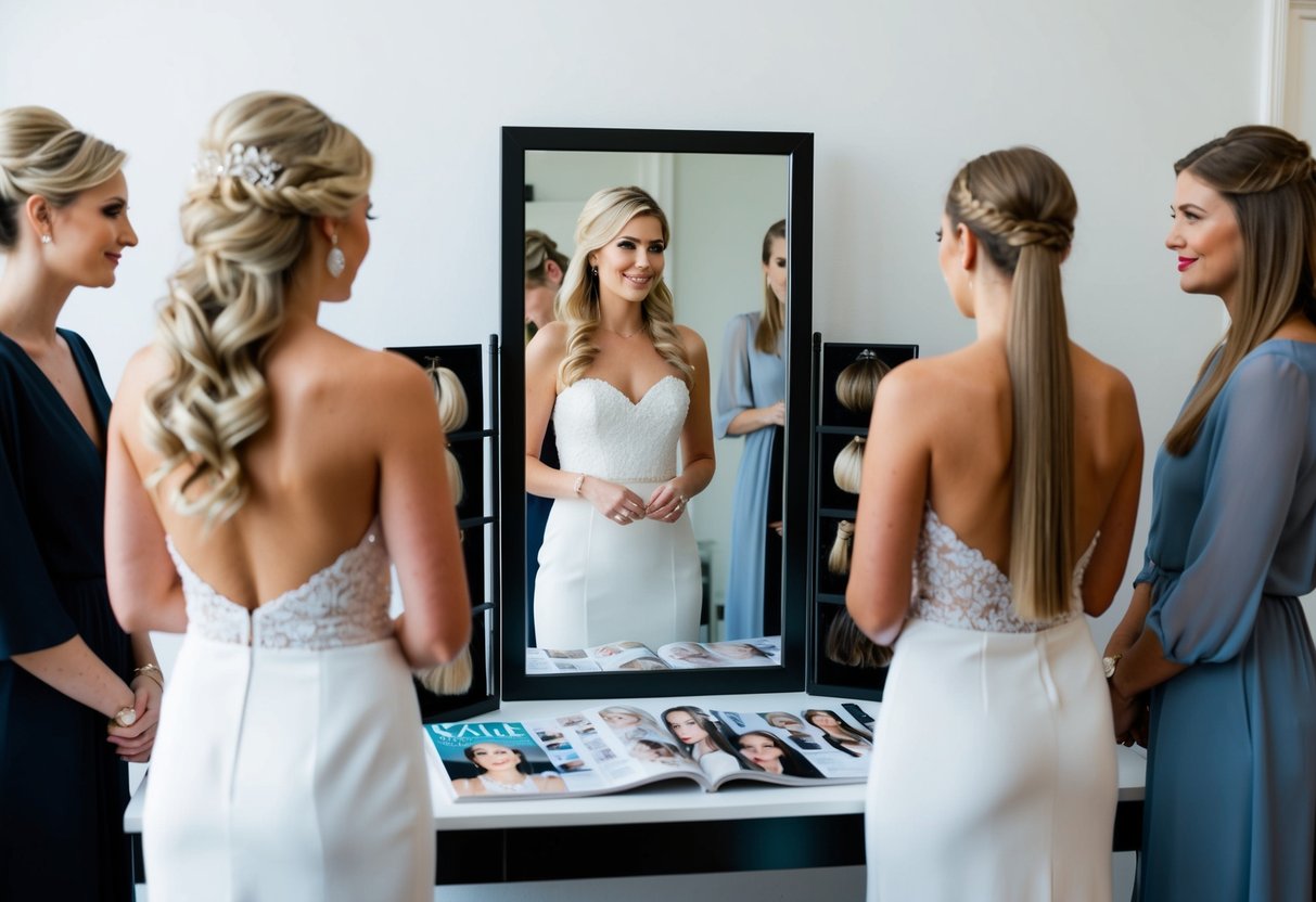 A bride-to-be stands in front of a mirror, considering her options. Various hairstyles, from elegant updos to sleek straight hair, are displayed on a magazine spread on the table
