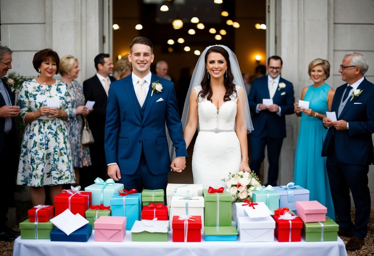 A bride and groom stand before a table covered in gifts and envelopes. Guests mingle in the background, holding cards and small packages