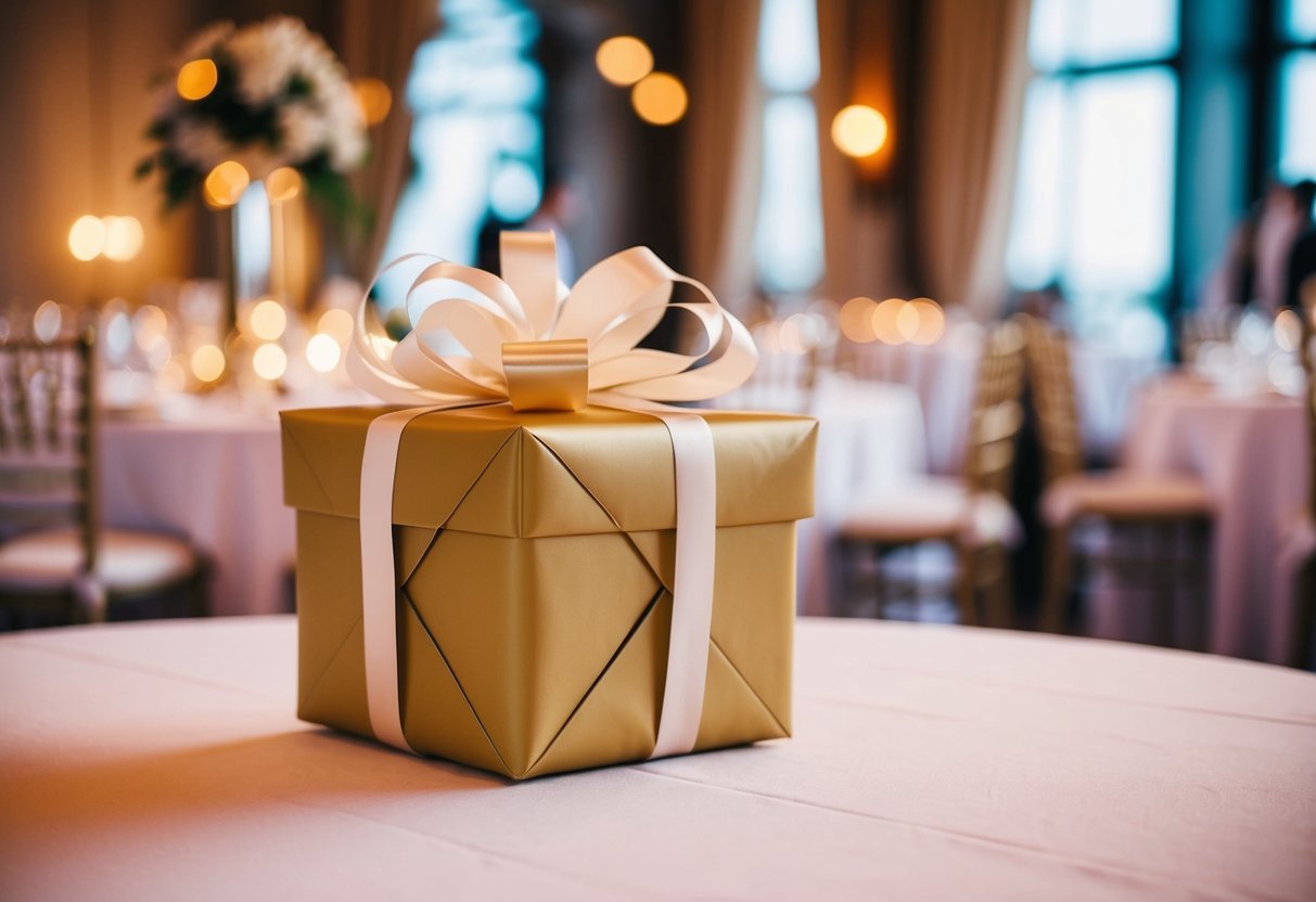 A beautifully wrapped gift box placed on a table at the wedding reception