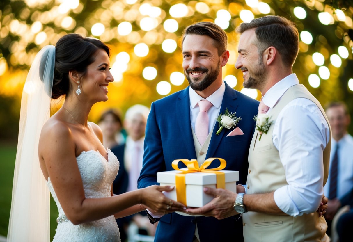 A couple presents a meaningful gift to a newlywed couple at a wedding celebration