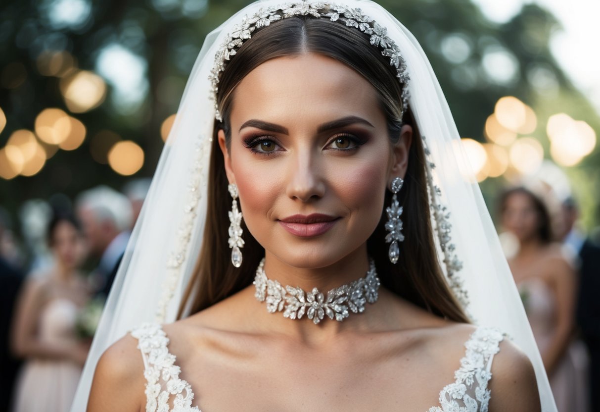 A woman with straight hair wearing elegant accessories for a wedding