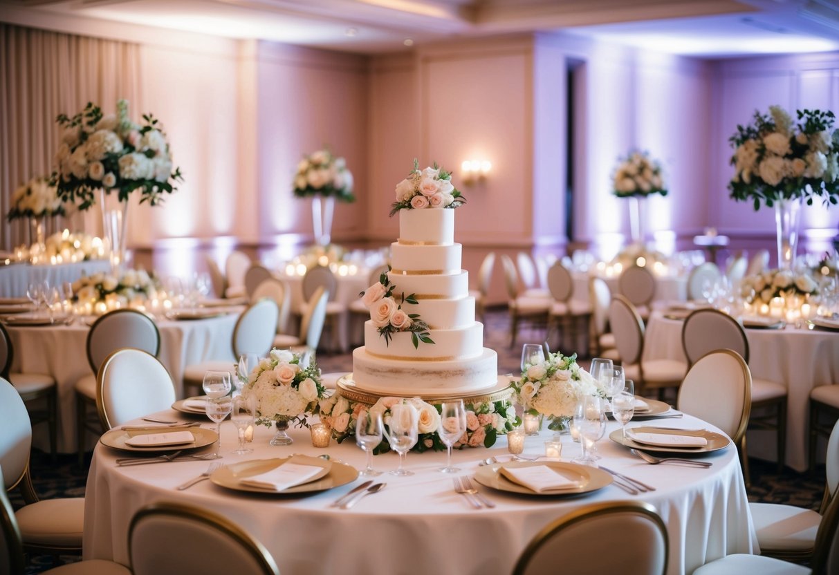 A beautifully decorated wedding reception with elegant table settings, floral centerpieces, and a grand wedding cake. A lavish atmosphere with expensive decor and luxurious details