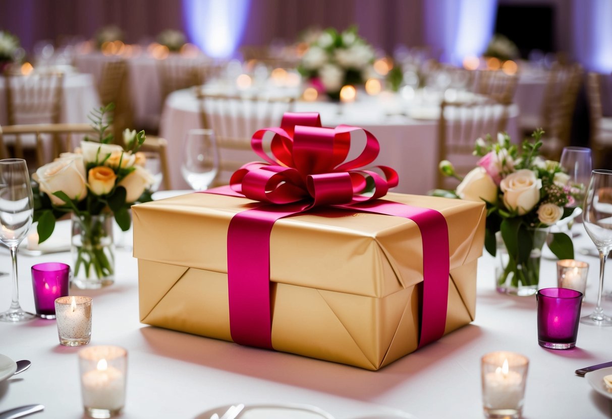 A beautifully wrapped gift sits on a table surrounded by flowers and decorations at a wedding reception