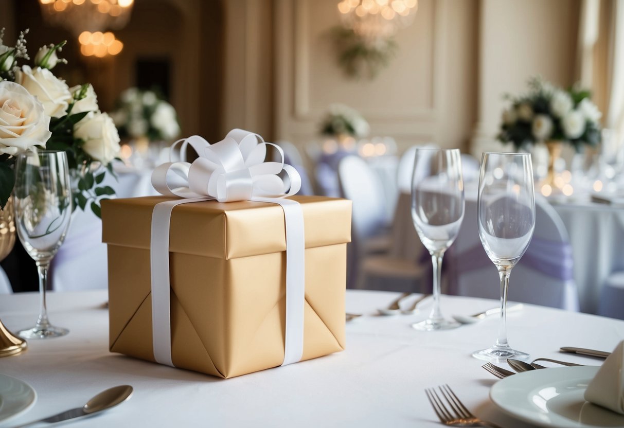 A beautifully wrapped gift box with a ribbon and bow placed on a table surrounded by elegant wedding decor