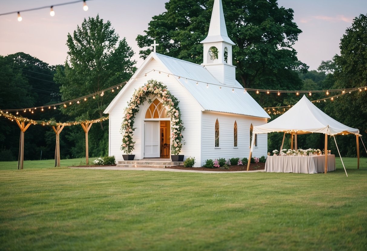 A quaint countryside chapel with floral arches and a small reception tent with string lights