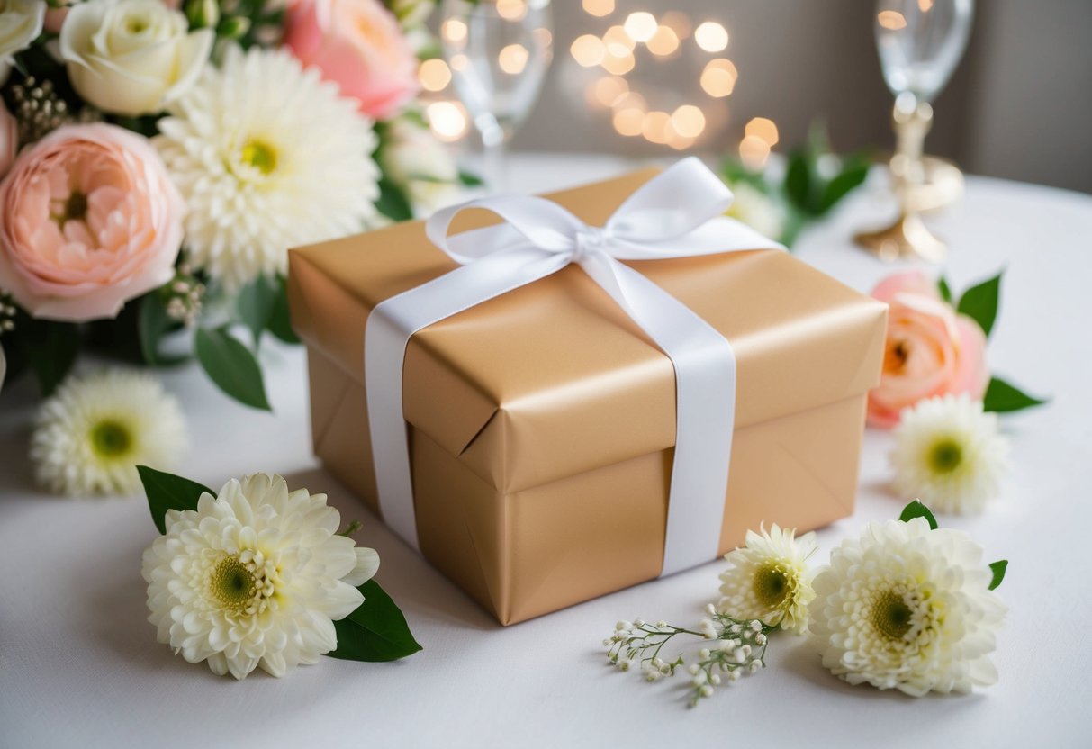 A beautifully wrapped gift box with a ribbon, surrounded by elegant wedding decor and flowers
