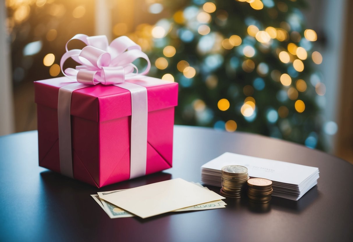 A beautifully wrapped gift box with a bow sits on a table next to a wedding card and a stack of bills and coins