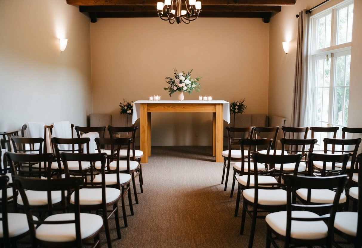 A cozy wedding venue with a simple altar and a few rows of chairs. A small floral arrangement adorns the altar, and soft lighting creates a warm and intimate atmosphere