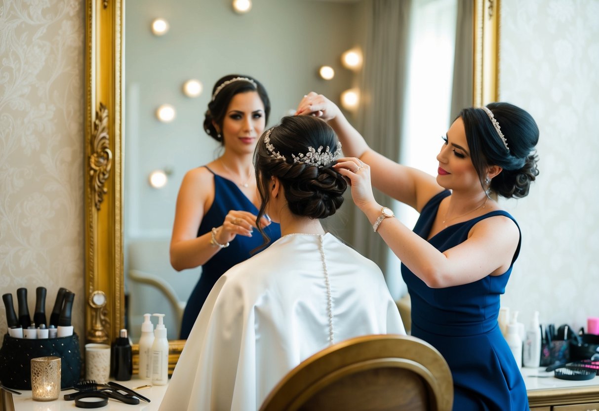 A bride sits in front of a mirror, surrounded by hair accessories and styling tools. Her hair is being styled into an elegant updo by a professional stylist