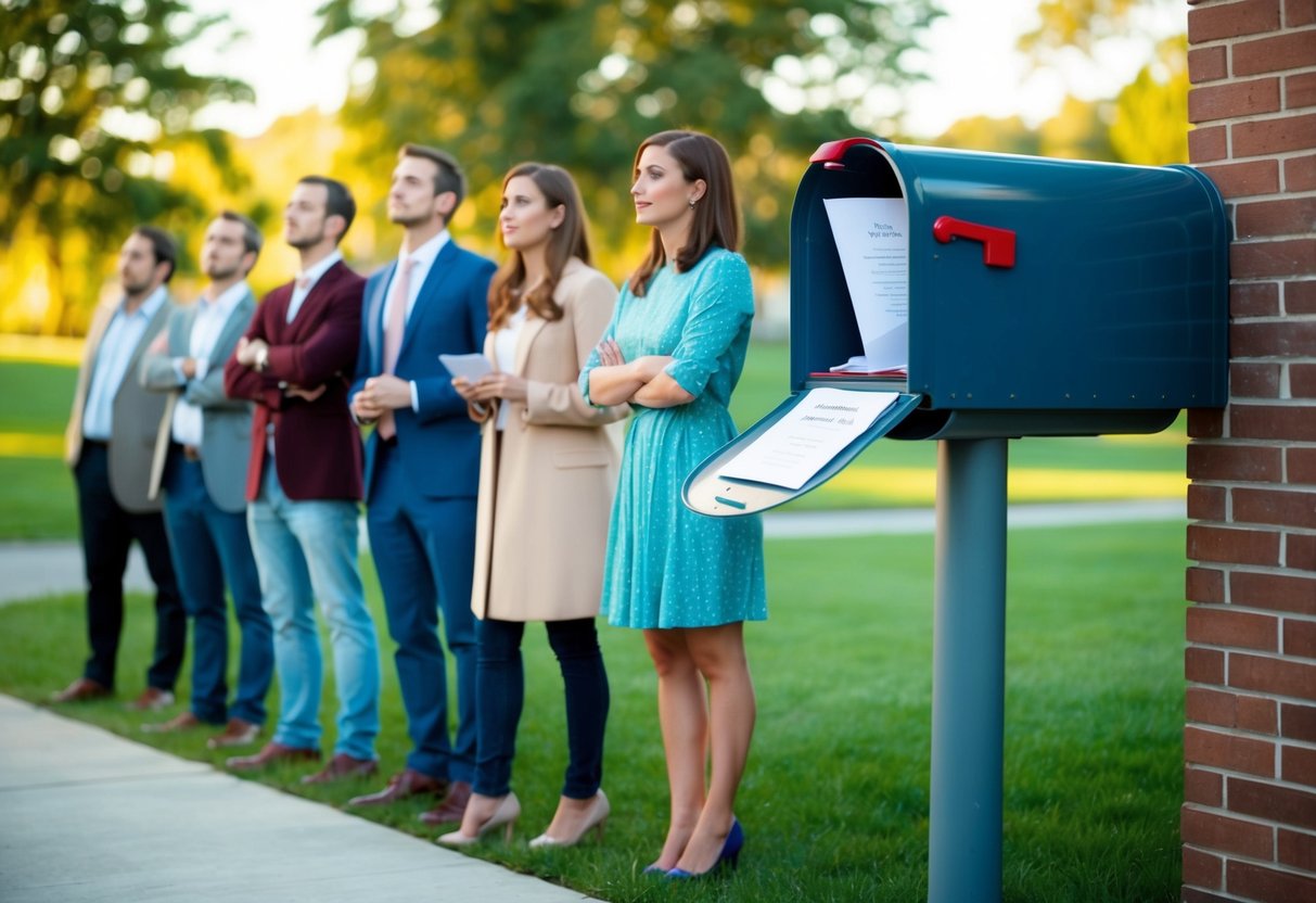A group of people waiting expectantly by a mailbox with an unopened invitation inside