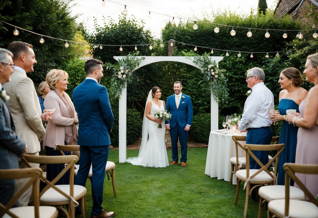 A small wedding: a cozy backyard with a simple arch, surrounded by a few close family and friends, with a small table set for a reception