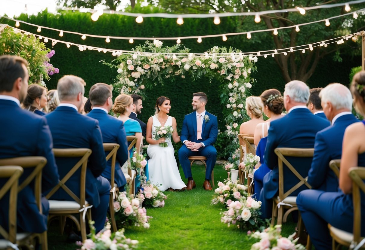 A cozy garden ceremony with a handful of guests seated on wooden chairs, surrounded by blooming flowers and twinkling string lights