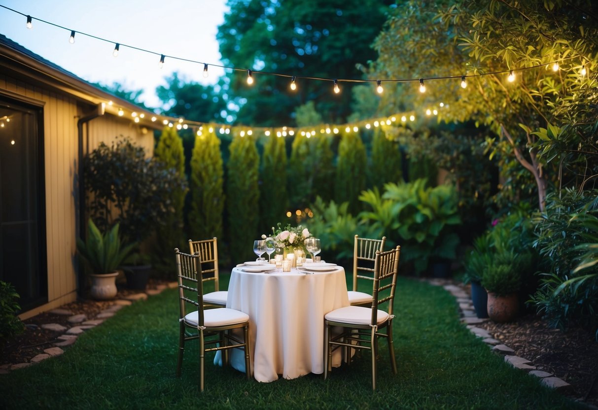 A cozy backyard setting with a small, elegantly decorated table for a wedding dinner, surrounded by twinkling lights and lush greenery