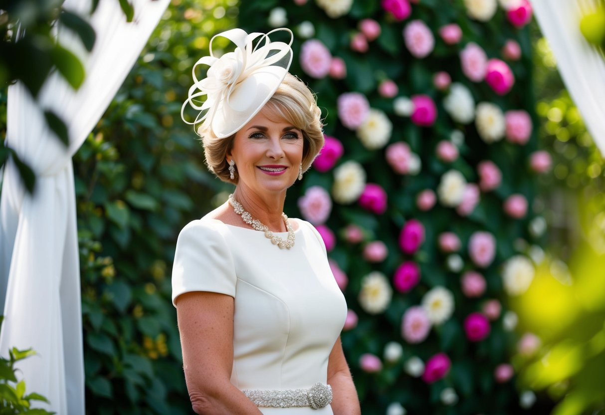 A garden wedding with a vibrant floral backdrop, where the mother of the bride is elegantly adorned with a fascinator, adding a touch of sophistication to her ensemble