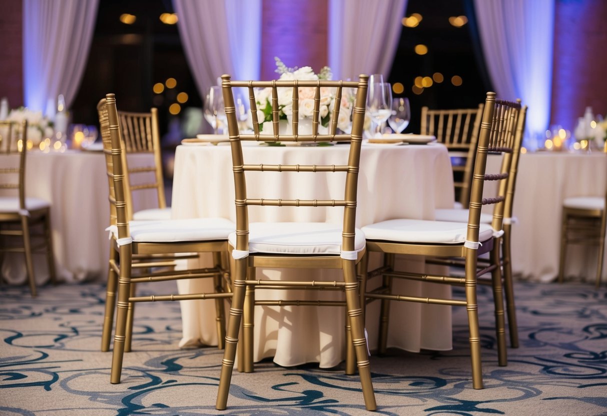 Empty chairs at a decorated wedding reception