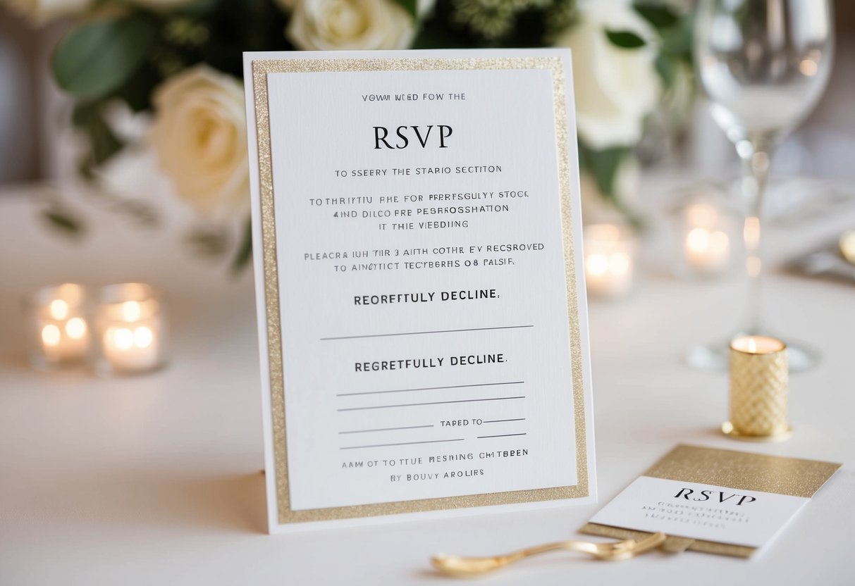 A wedding invitation with a section for RSVP responses, some boxes checked "regretfully decline," and others left empty