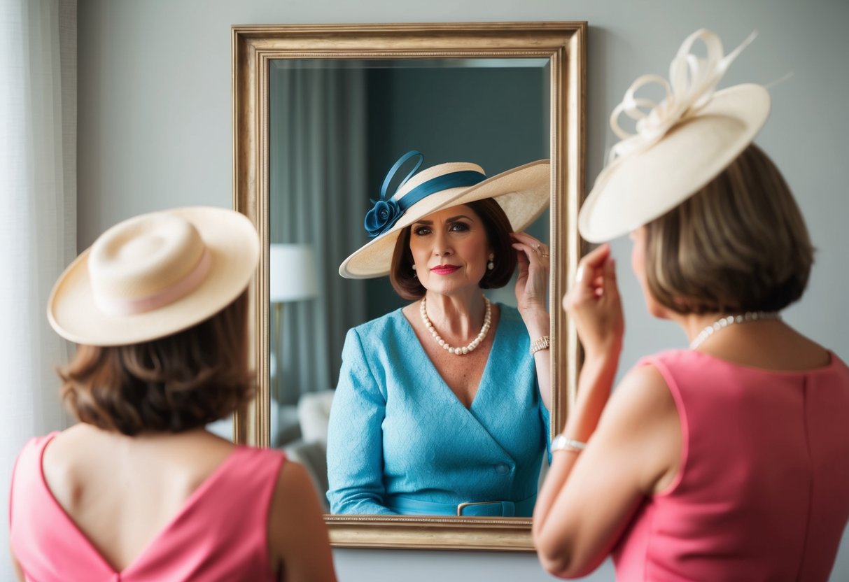 A woman trying on a hat and fascinator in front of a mirror, pondering which one to choose for her daughter's wedding