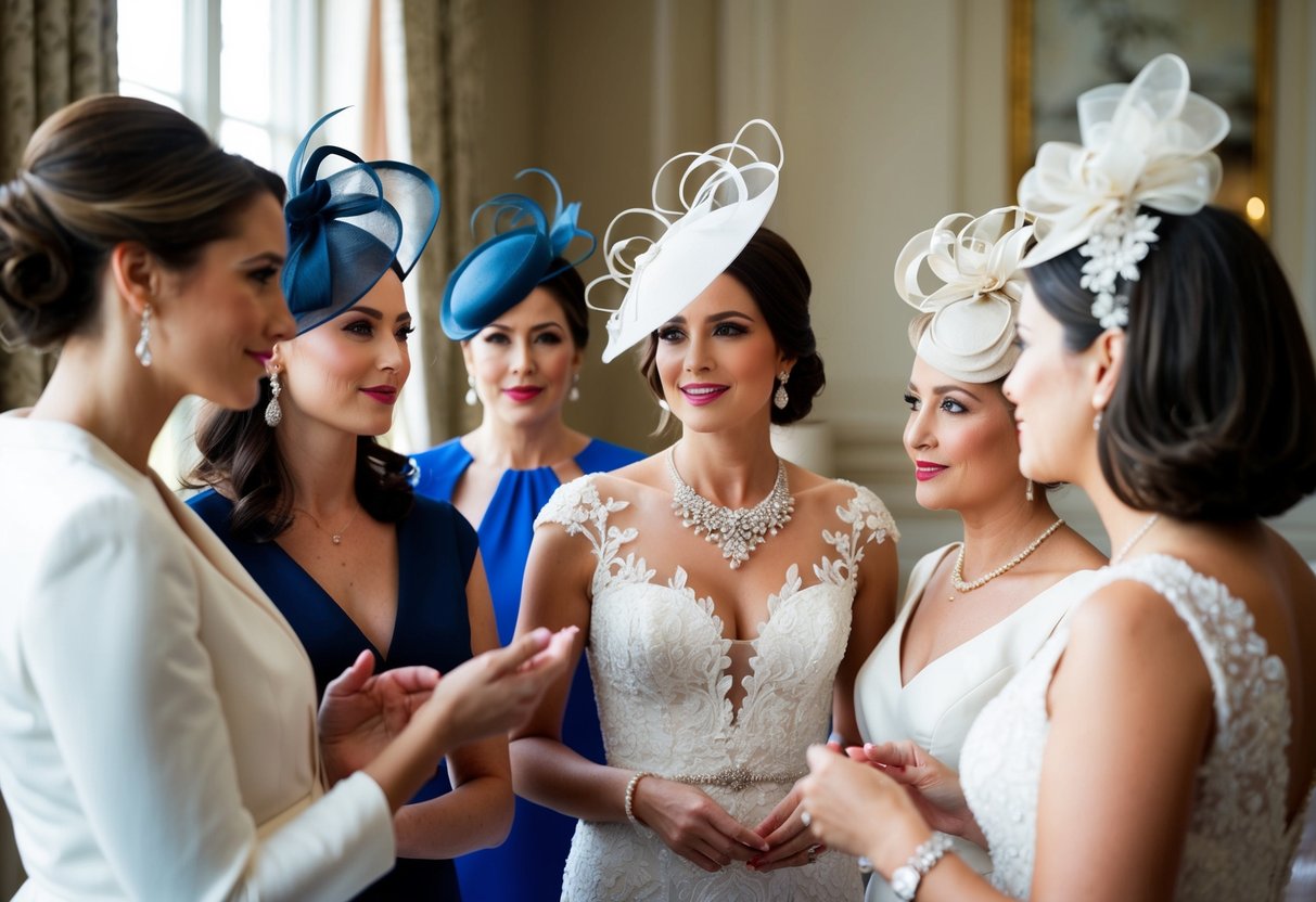 A group of elegantly dressed individuals discussing headwear options for the mother of the bride