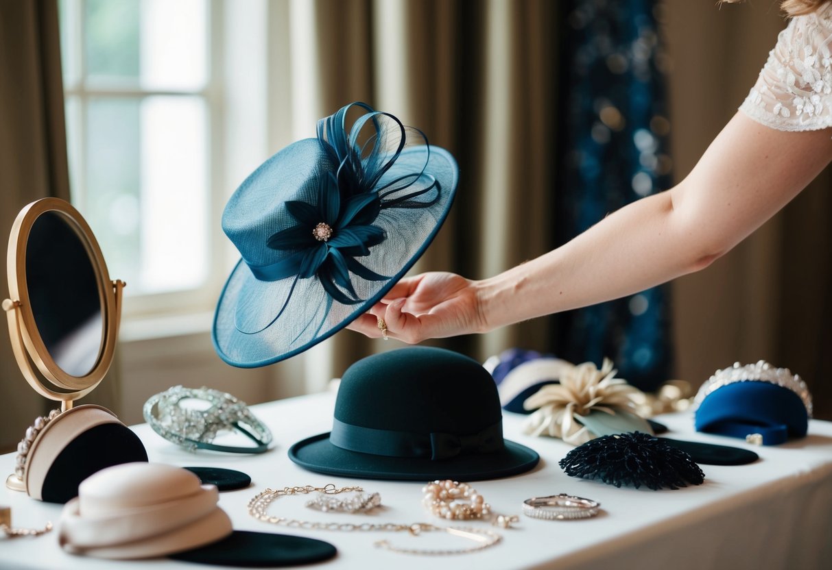 A woman's hand reaching for a stylish hat and fascinator displayed on a table, surrounded by a variety of elegant accessories and a mirror